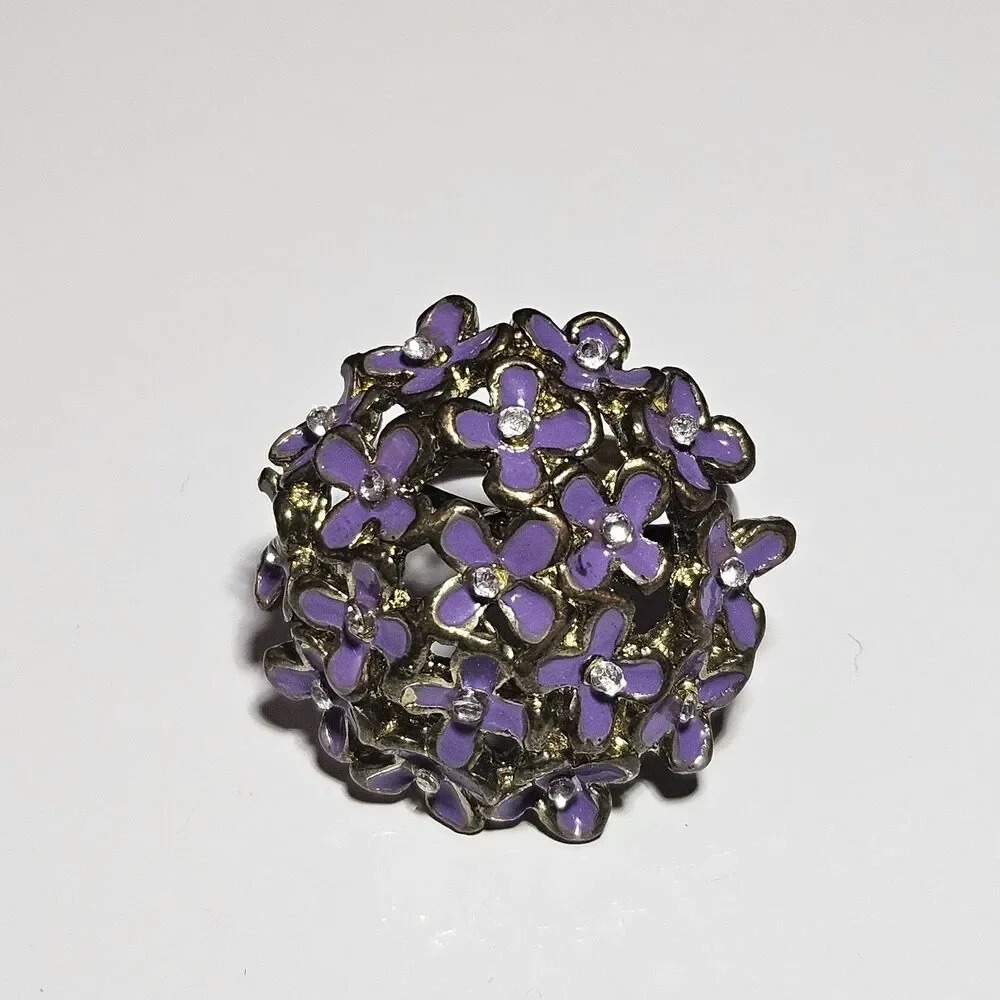 Gold Tone Purple Enamel Flower Ring With Clear Rhinestone Accents Adjustable